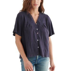 Lucky Brand SS Embroidered Boho Blouse - Greystone
